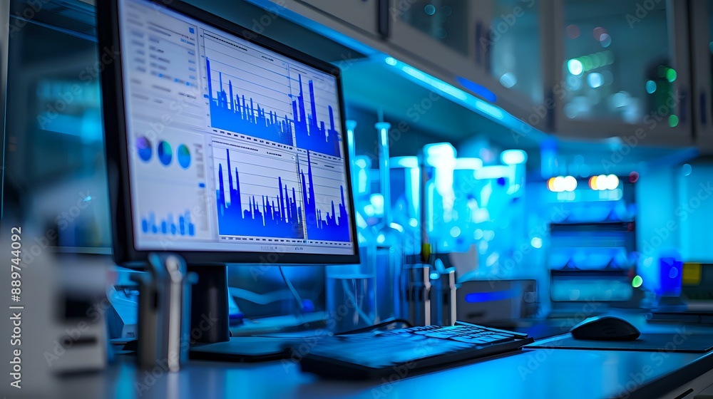 Fototapeta premium high-tech laboratory featuring a computer screen displaying blue data graphs, surrounded by scientific instruments and glowing with cool blue lighting.
