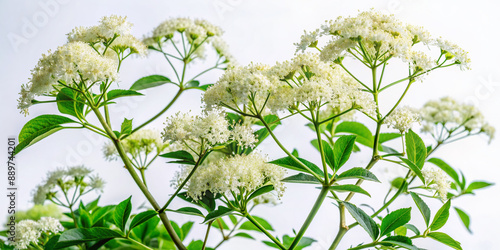 Delicate, thorny stems of a scandent shrub with lush green leaves and small white flowers stretch upwards on a crisp white background, showcasing its natural beauty. photo