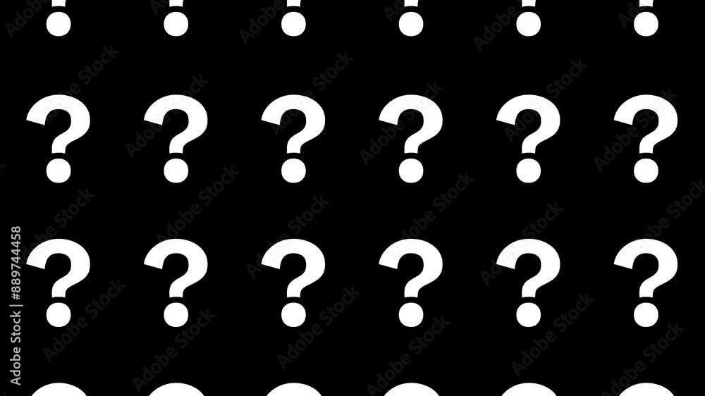 A seamless loop pattern of white question marks on a black background. The question marks smoothly and repeatedly change size and move up and down. Concept of questions, curiosity, mystery and quiz A seamless loop pattern of white question marks on a black background. The question marks smoothly and repeatedly change size and move up and down. Concept of questions, curiosity, mystery and quiz