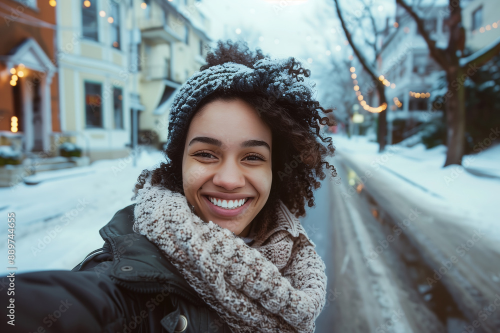Selfie portrait of a beautiful smiling young black woman walking on a winter street Selfie portrait of a beautiful smiling young black woman walking on a winter street
