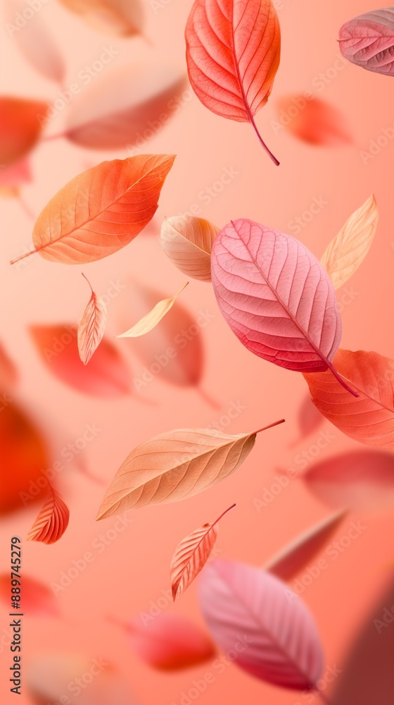 Fototapeta premium Orange autumn leaves falling in the air, light abstract fall background.