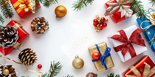 Crisp white surface showcasing bright gifts and joyful decorations with plenty of room for text.