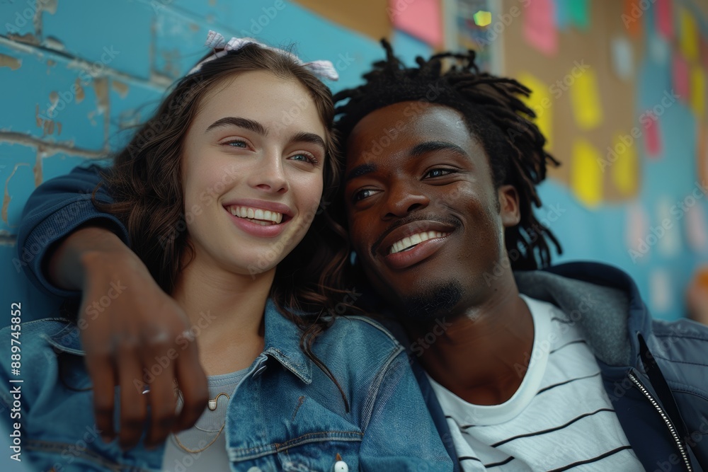 This heartwarming image captures a joyful moment shared between two friends, highlighting their smiles and camaraderie against a backdrop of colorful sticky notes This heartwarming image captures a joyful moment shared between two friends, highlighting their smiles and camaraderie against a backdrop of colorful sticky notes