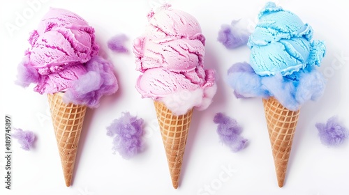 Three cotton candyflavored ice cream cones isolated on a white background featuring pink blue and purple colors photo