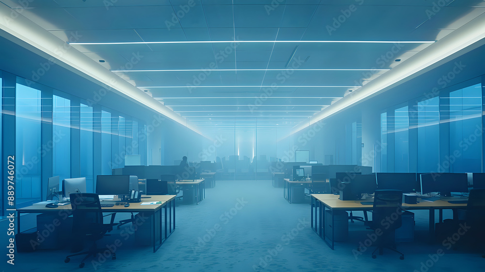 Obraz premium Modern, minimalist office space with an open floor plan, featuring rows of empty desks and a cool blue ambiance, evoking a sense of calm and professionalism. Ideal for themes related to business,