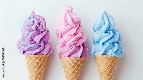 Three cotton candyflavored ice cream cones isolated on a white background featuring pink blue and purple colors photo