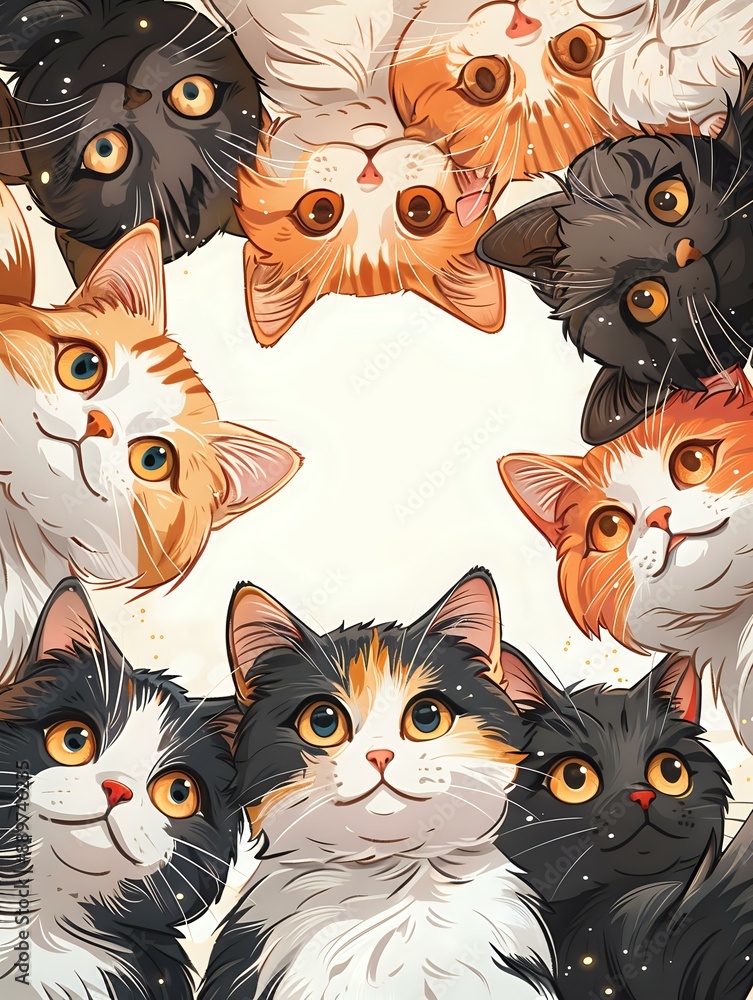 Adorable illustration of various cats curiously peering down from the edges, creating a playful and heartwarming scene. Perfect for pet-themed designs, greeting cards, or children's illustrations. Adorable illustration of various cats curiously peering down from the edges, creating a playful and heartwarming scene. Perfect for pet-themed designs, greeting cards, or children's illustrations.