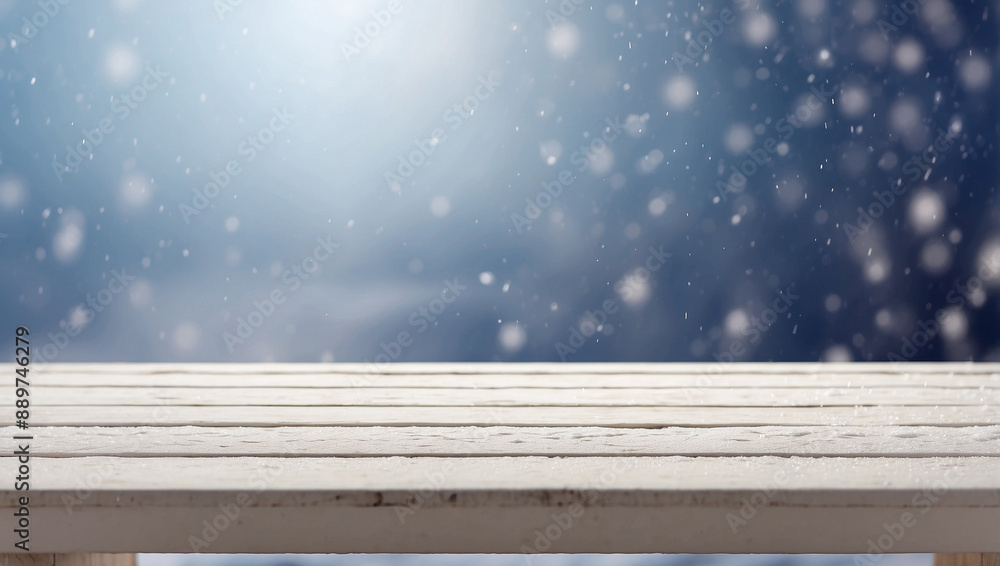 empty white wooden table with rain snow background empty white wooden table with rain snow background