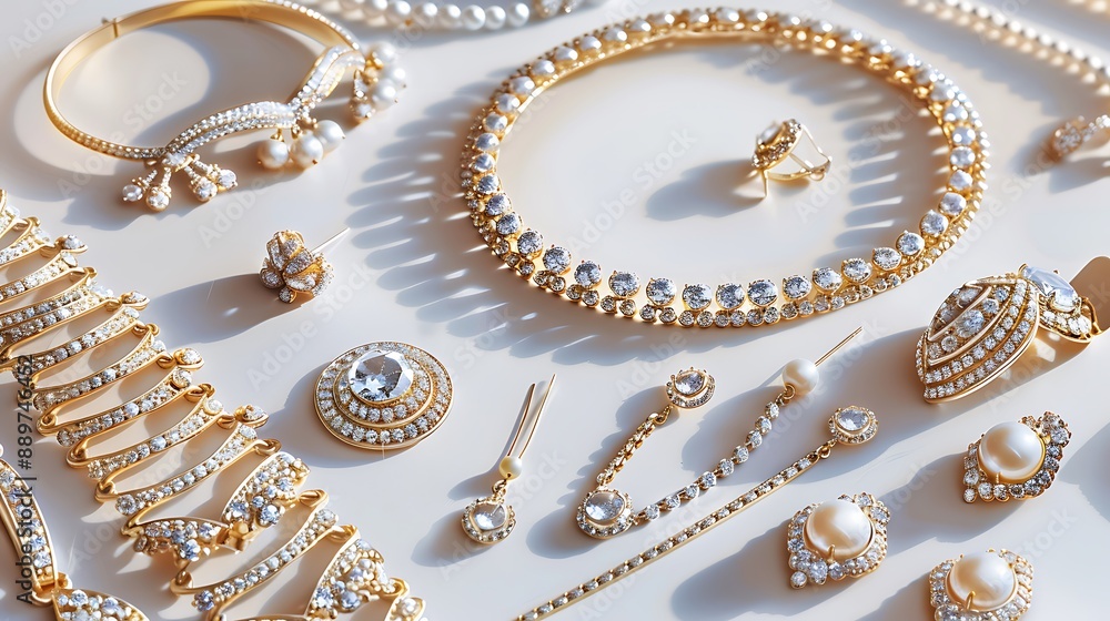 Elegant jewelry set including earrings, necklaces, and bracelets on a pristine white background. 32k, full ultra HD, high resolution Elegant jewelry set including earrings, necklaces, and bracelets on a pristine white background. 32k, full ultra HD, high resolution