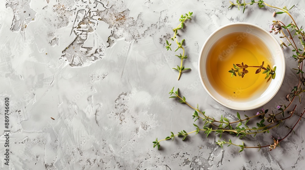 Thyme herbal tea viewed from above with space available for text Thyme herbal tea viewed from above with space available for text