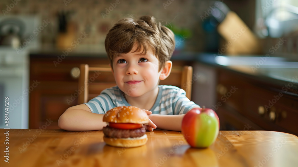 Adorable young boy looking up while choosing between a tasty burger and a healthy apple on a table - conceptual image for healthy eating versus unhealthy processed fast junk food Adorable young boy looking up while choosing between a tasty burger and a healthy apple on a table - conceptual image for healthy eating versus unhealthy processed fast junk food