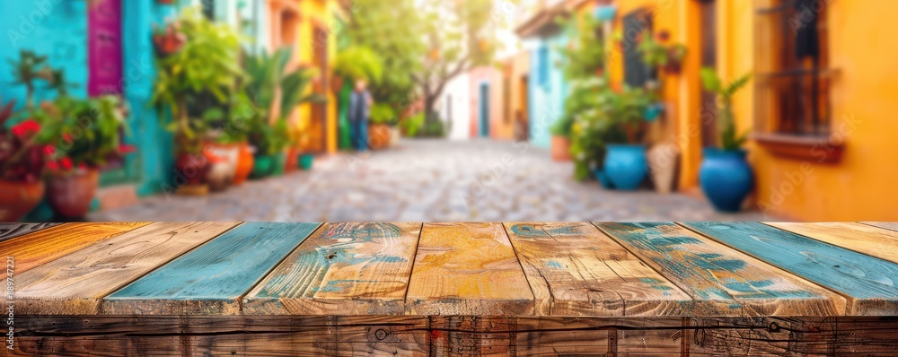 A wooden table with a view of a street. Free copy space for text. A wooden table with a view of a street. Free copy space for text.