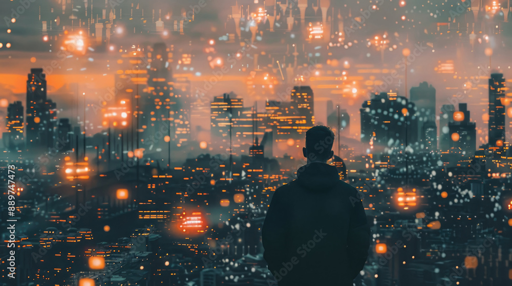 As the Sun Sets, a Lone Figure Stands Alone, Staring Out at the Sprawling Metropolis of the Future, Lost in Thought As the Sun Sets, a Lone Figure Stands Alone, Staring Out at the Sprawling Metropolis of the Future, Lost in Thought