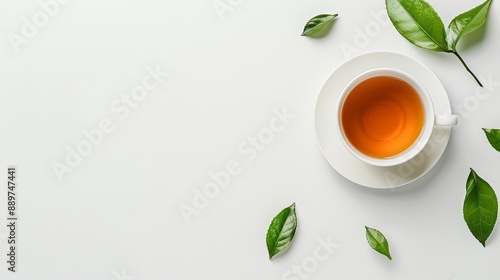 Top view mockup of a cup of tea and tea leaves on a white desk Free space provided for text