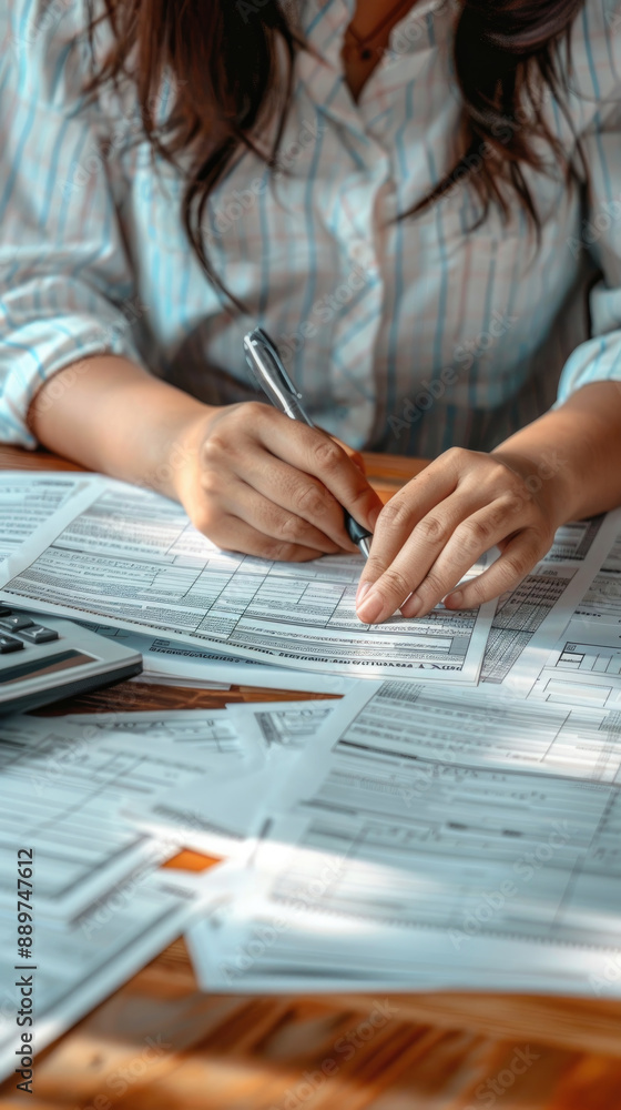 A Woman Sitting at a Desk, Diligently Filling Out Paperwork and Attentively Focusing on the Task at Hand A Woman Sitting at a Desk, Diligently Filling Out Paperwork and Attentively Focusing on the Task at Hand