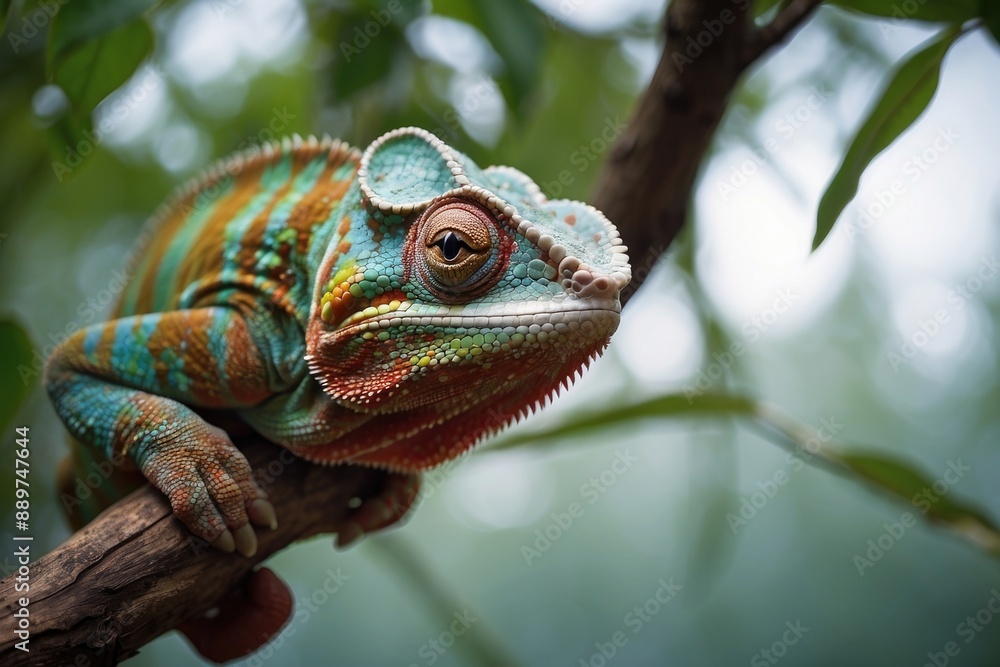 chameleon panther on a branch tree over a blurry nature background chameleon panther on a branch tree over a blurry nature background