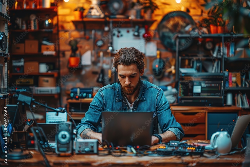 A focused individual working intently on a laptop in a cluttered yet cozy workspace, surrounded by various electronic equipment and books, epitomizing a creative and productive environment A focused individual working intently on a laptop in a cluttered yet cozy workspace, surrounded by various electronic equipment and books, epitomizing a creative and productive environment