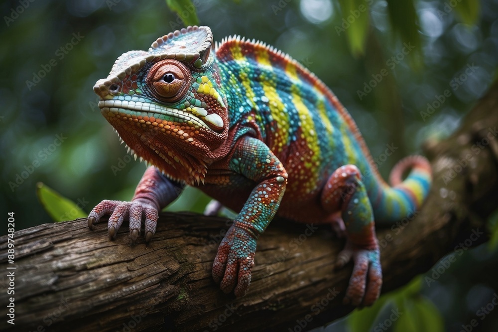 chameleon panther on a branch tree over a blurry nature background chameleon panther on a branch tree over a blurry nature background