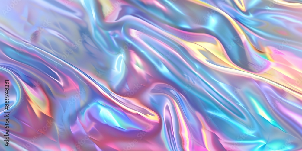 Fototapeta premium A colorful, flowing fabric with a rainbow pattern. The colors are bright and vibrant, creating a sense of energy and excitement. The fabric appears to be made of a shiny, reflective material