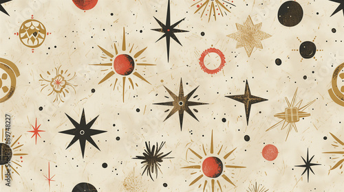 Recycled Paper Seamless Pattern with Vintage Graphic Decorations and Retro Style for Wrapping and Print Design photo