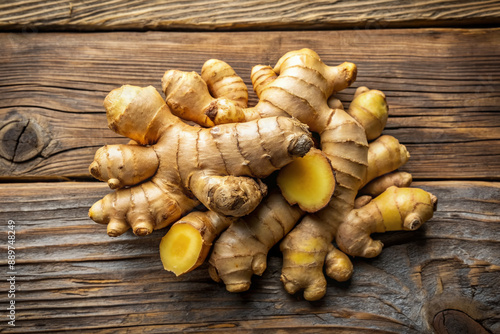 Freshly cut ginger root with rough brown skin and vibrant yellow interior lies on a weathered wooden background, showcasing its natural beauty from above.