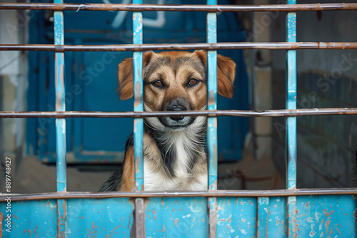 A sad stray dog peeks through the cage bars at a shelter, waiting for a loving adopter