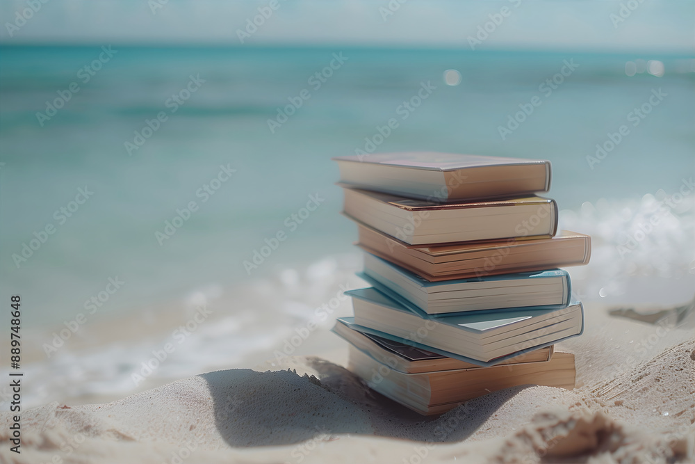 Books on the beach. Summer beach vacation. Summer holiday concept. Books on the beach. Summer beach vacation. Summer holiday concept.
