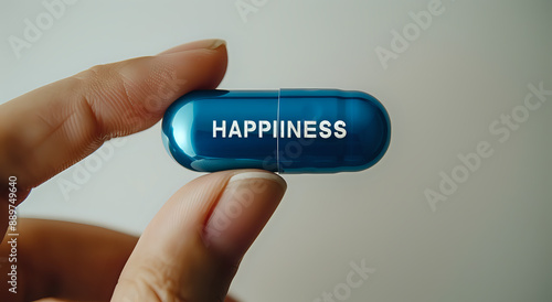 Close-up of a hand holding a blue pill labeled "Happiness," symbolizing the concept of seeking joy or fulfillment through artificial means. Ideal for projects focused on mental health, self-care