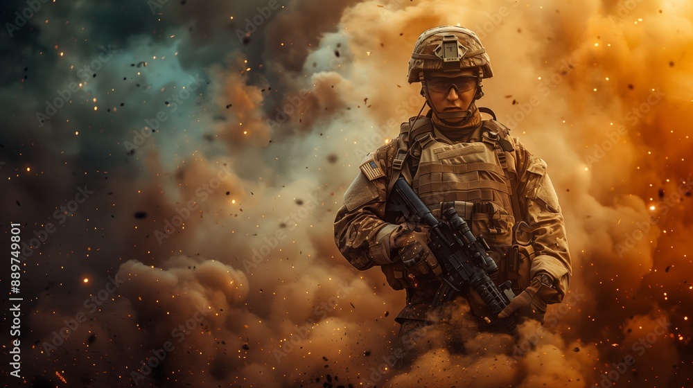 A Soldier Standing in a Cloud of Smoke and Debris After a Blast A Soldier Standing in a Cloud of Smoke and Debris After a Blast