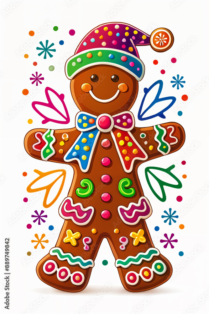Naklejka premium Colorful gingerbread man with a festive hat, standing amidst a backdrop of vibrant stars and swirls.