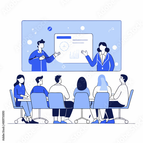 Minimalist Black, blue and White Vector Icon of a meeting