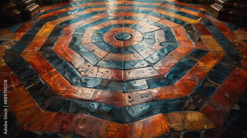 Obraz premium A vibrant and intricate octagonal tile pattern featuring a concentric circular design in hues of red, blue, and brown creating a mesmerizing visual effect