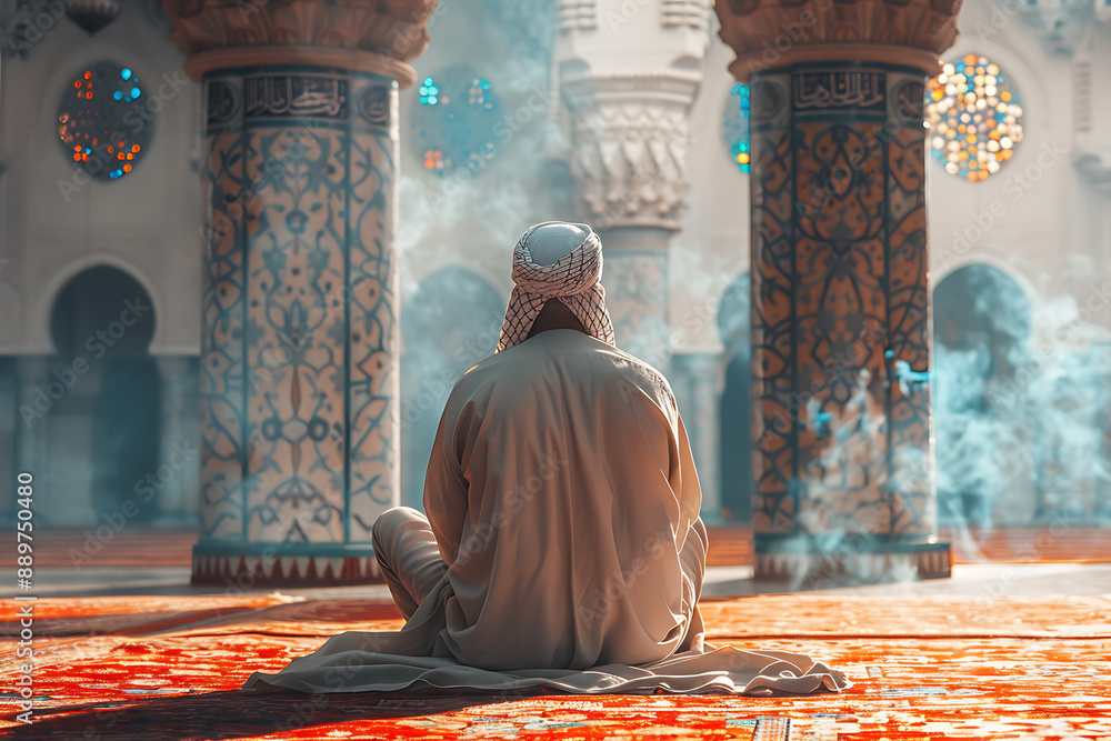 man in traditional Muslim clothing, kneeling and praying to Allah, in a serene setting man in traditional Muslim clothing, kneeling and praying to Allah, in a serene setting