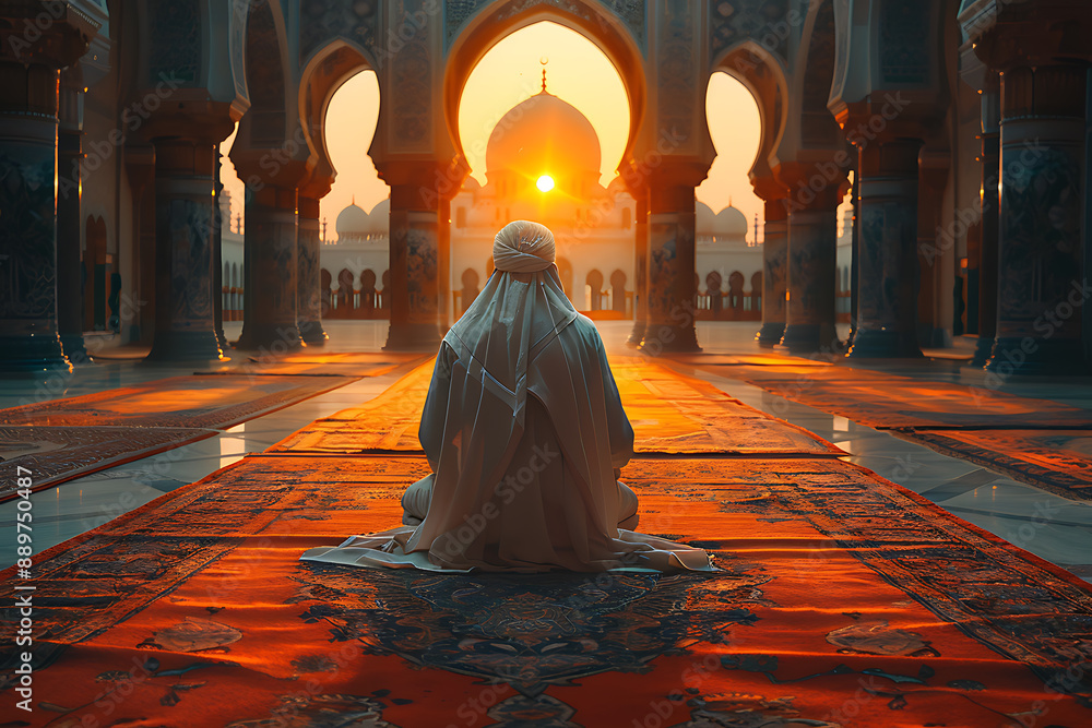 man in traditional Muslim clothing, kneeling and praying to Allah, in a serene setting man in traditional Muslim clothing, kneeling and praying to Allah, in a serene setting