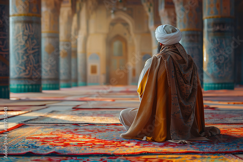 man in traditional Muslim clothing, kneeling and praying to Allah, in a serene setting