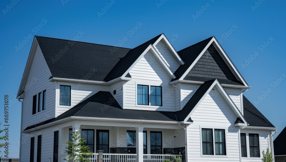 A white house with black roof against the blue sky, showcasing clean lines and high quality materials Generative AI A white house with black roof against the blue sky, showcasing clean lines and high quality materials Generative AI