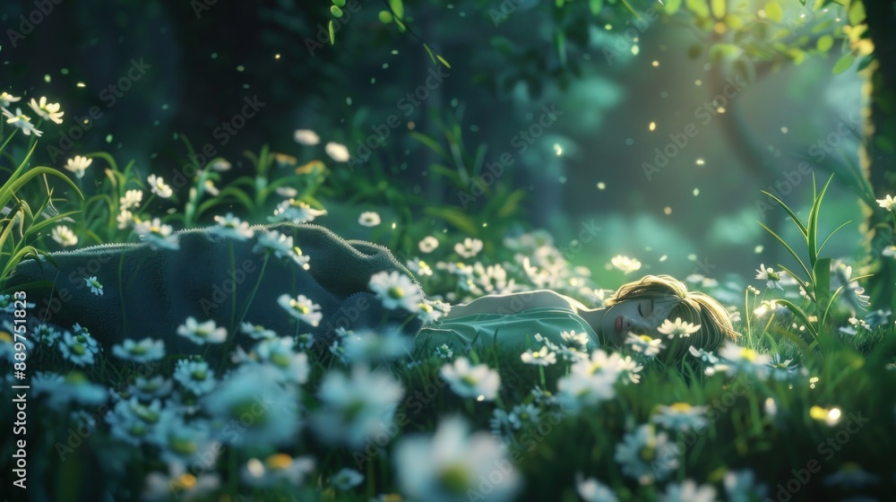 Fototapeta premium Sleeping Beauty in a Field of Daisies