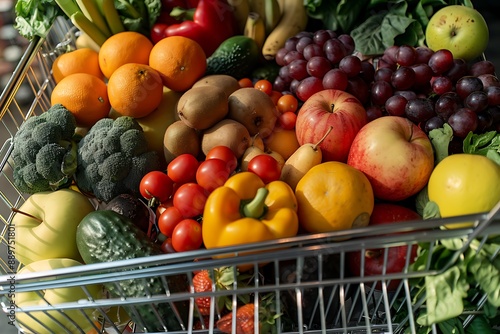 A fully stocked shopping cart overflowing with fresh fruits, vegetables, and pantry essentials. Captured in vivid detail with a focus on vibrant colors and variety. photo