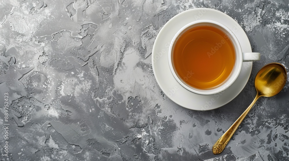 White cup of tea with a gold spoon on a grey background Copy space available Top view White cup of tea with a gold spoon on a grey background Copy space available Top view