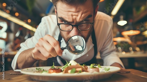 Funny Food Critic Checking the Restaurant Dish