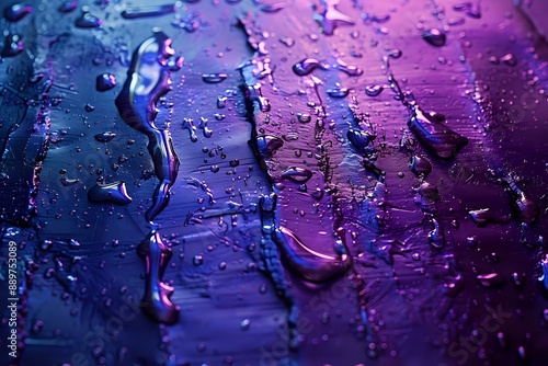 An abstract close-up of water droplets on a surface illuminated by vibrant purple and blue lighting, creating a moody and artistic effect. Ideal for themes of abstract art, creative design, or atmosph photo