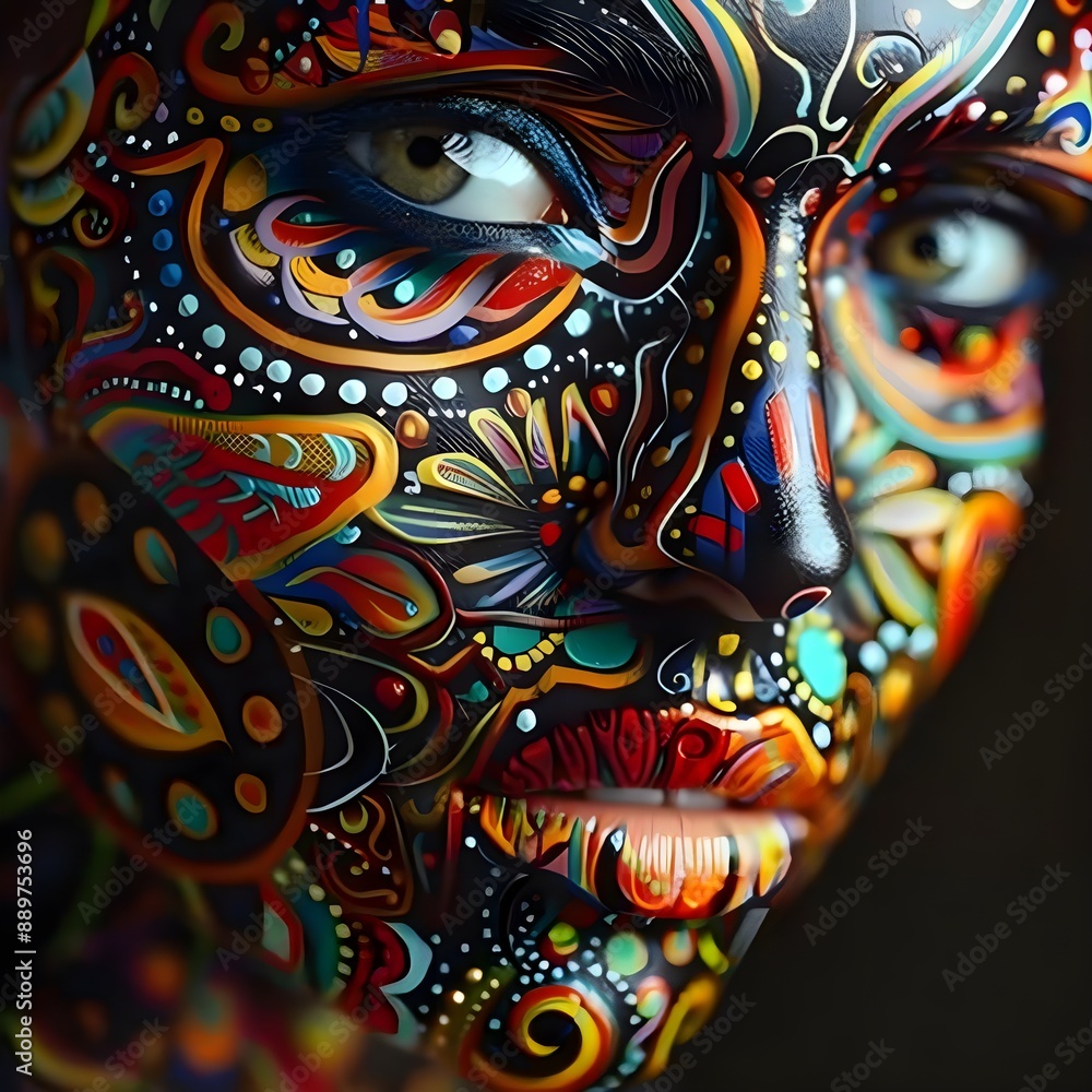 Obraz premium Vibrant face paint with intricate abstract designs and colorful details.