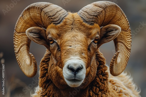 A captivating close-up image highlights the intricate details of a majestic mountain goat with large, curved horns captured in a natural outdoor setting © aicandy