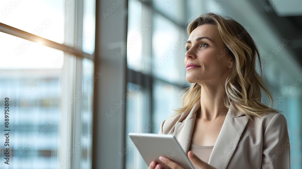 Thoughtful Caucasian businesswoman holding digital tablet Thoughtful Caucasian businesswoman holding digital tablet