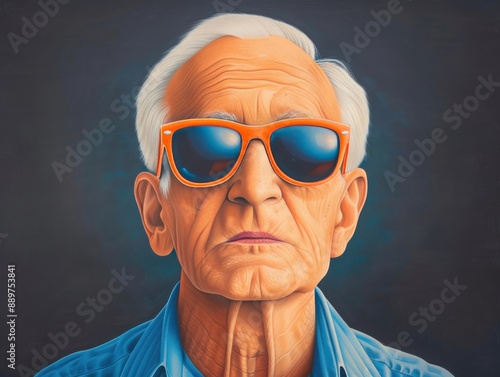 A portrait of an elderly man wearing sunglasses, looking directly at the camera. photo