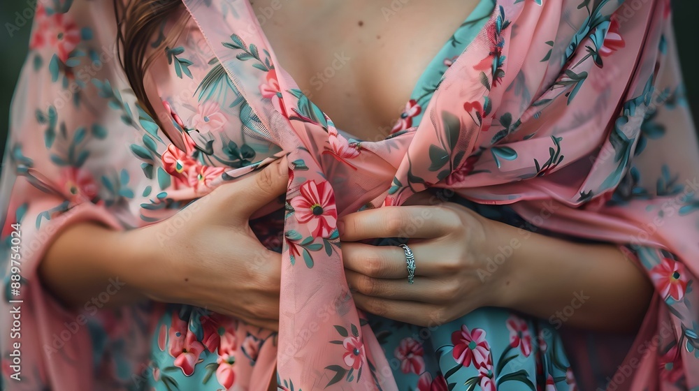 Midsection of woman holding pink floral fabric Midsection of woman holding pink floral fabric