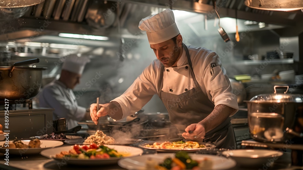 Chef preparing food in a restaurant kitchen Chef preparing food in a restaurant kitchen