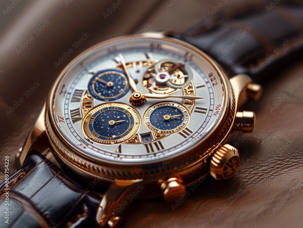Exquisite luxury wristwatch featuring an intricate design with golden accents, blue subdials, and a brown leather strap placed on a textured leather surface Exquisite luxury wristwatch featuring an intricate design with golden accents, blue subdials, and a brown leather strap placed on a textured leather surface
