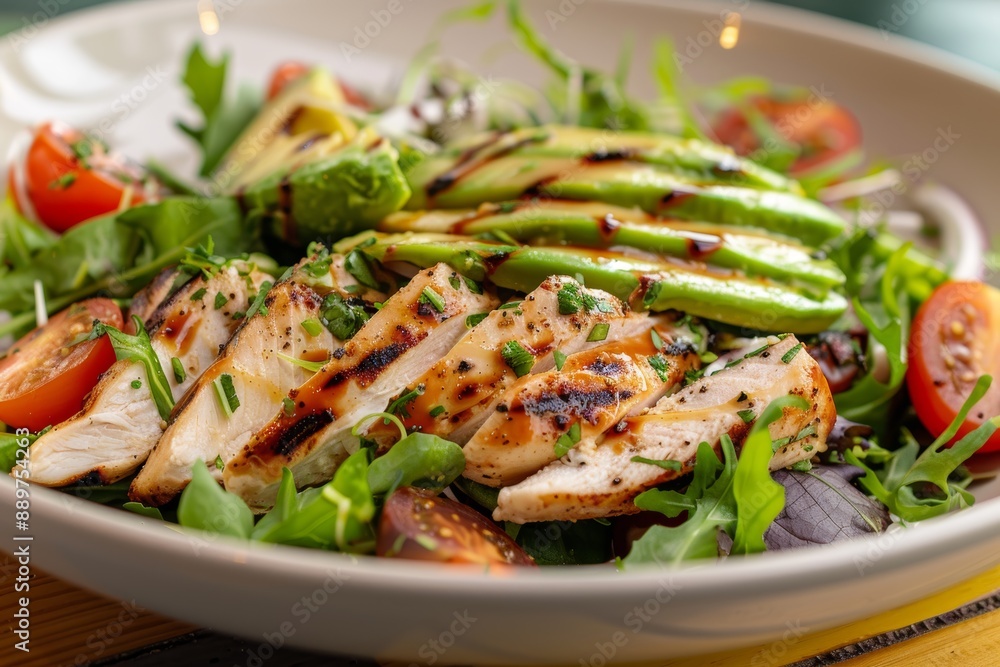 Healthy Balanced Lunch: Grilled Chicken Salad with Avocado, Cherry Tomatoes, and Mixed Greens for Contemporary Dining Healthy Balanced Lunch: Grilled Chicken Salad with Avocado, Cherry Tomatoes, and Mixed Greens for Contemporary Dining