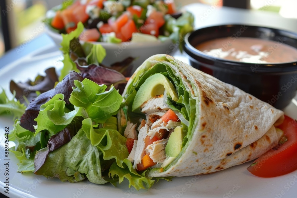 Fresh Turkey and Avocado Wrap with Mixed Greens in a Contemporary Dining Setting Fresh Turkey and Avocado Wrap with Mixed Greens in a Contemporary Dining Setting